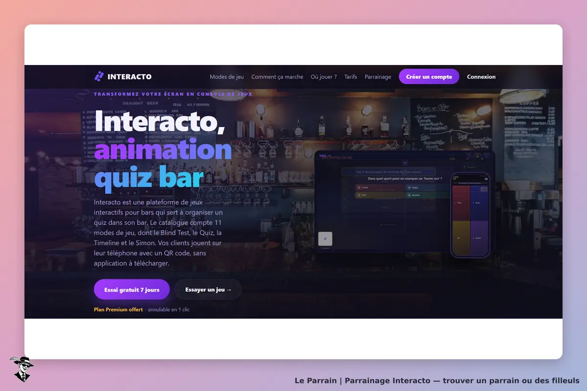 Interacto : page d'accueil présentant une plateforme de quiz interactifs pour bars