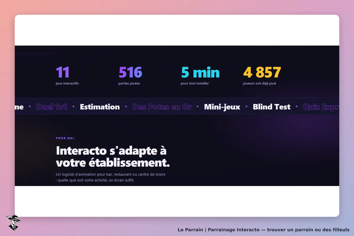 Interacto : page d'accueil avec statistiques et présentation du logiciel d'animation