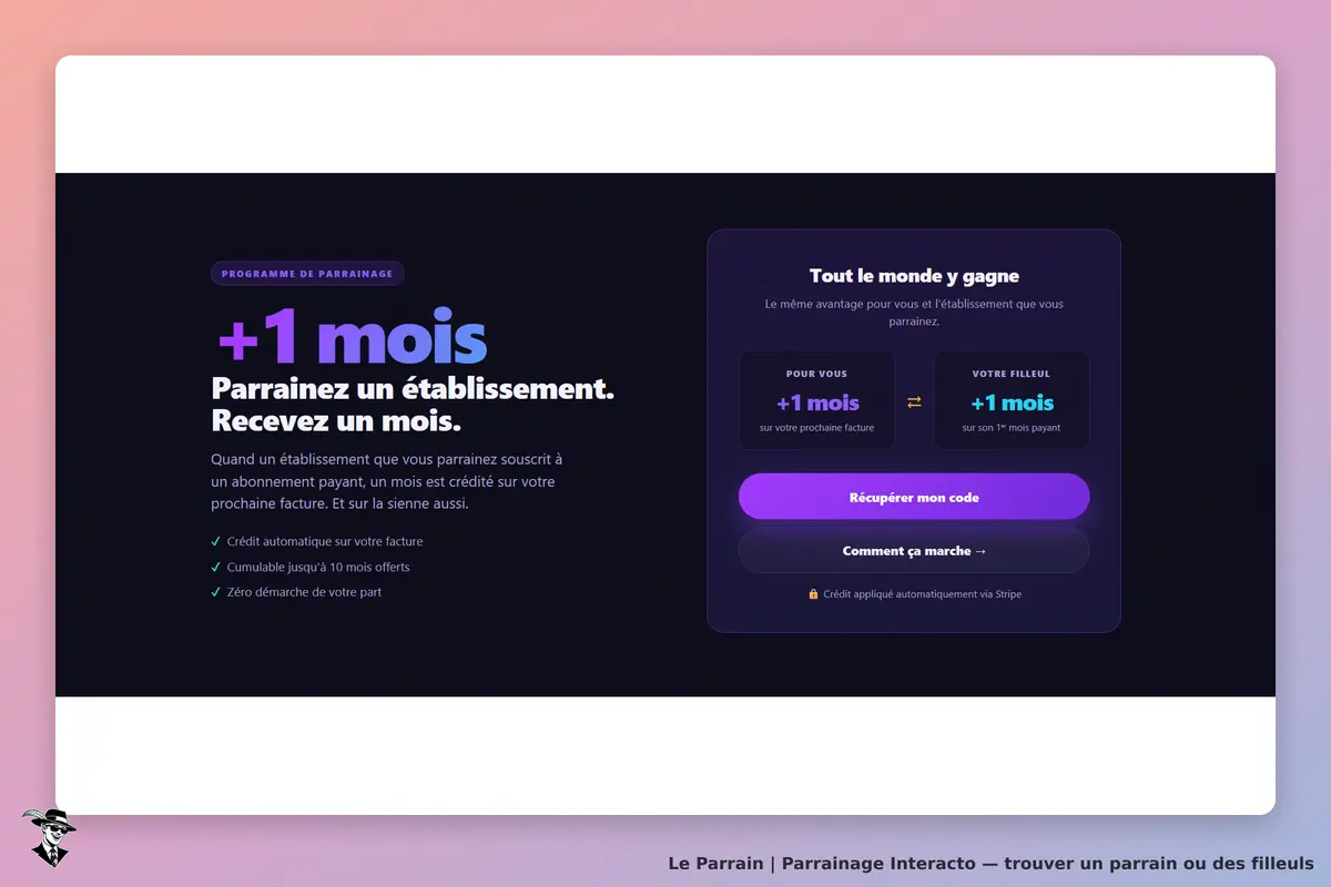 Interacto : page d'accueil avec programme de parrainage et options de récupération de code