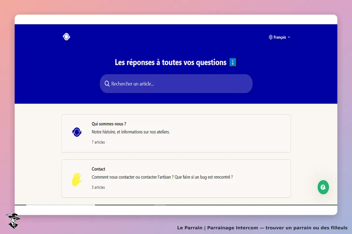 Intercom : page d'accueil avec barre de recherche et sections d'articles d'aide
