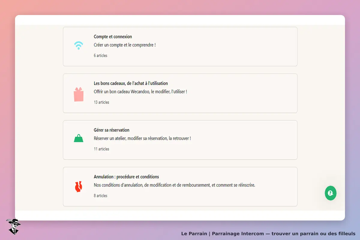 Intercom : liste d'articles d'aide sur la création de compte et la gestion des réservations