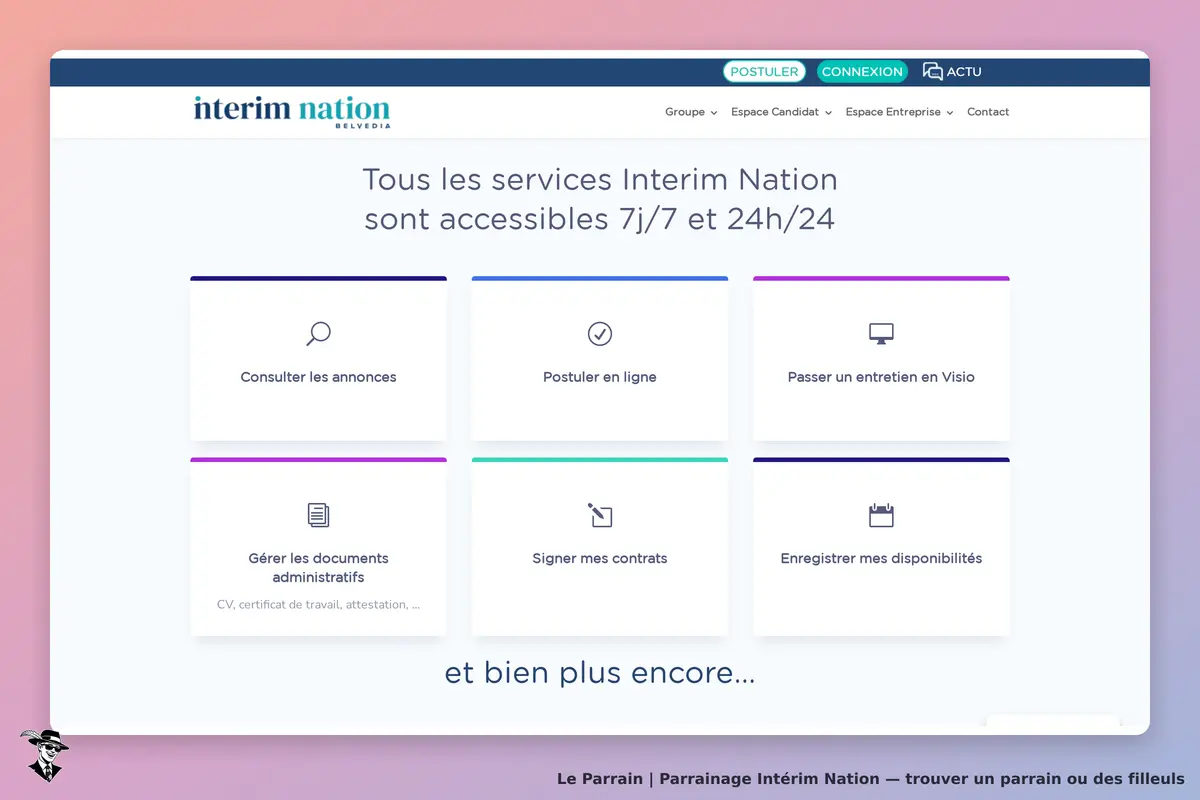 Intérim Nation : page d'accueil avec services accessibles 7j/7 et 24h/24, plusieurs options