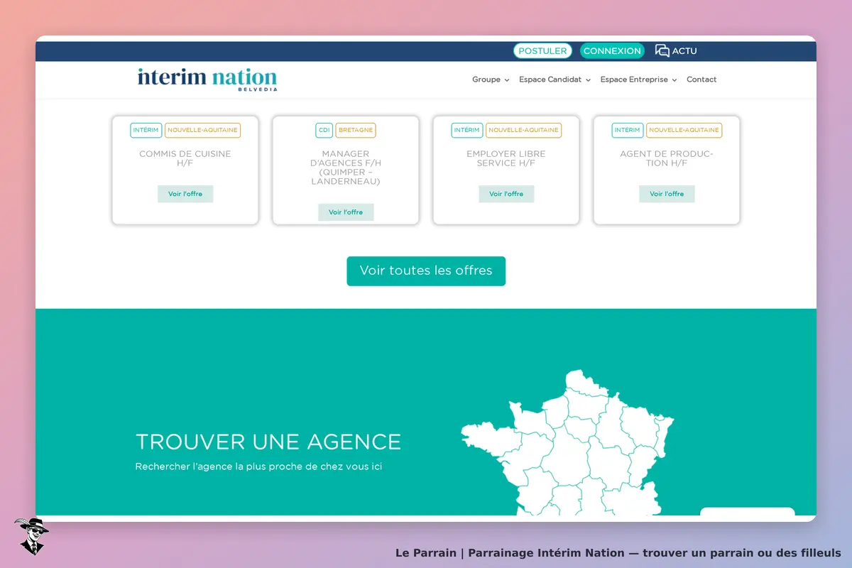 Intérim Nation : page d'accueil avec offres d'emploi et carte de France pour trouver une agence