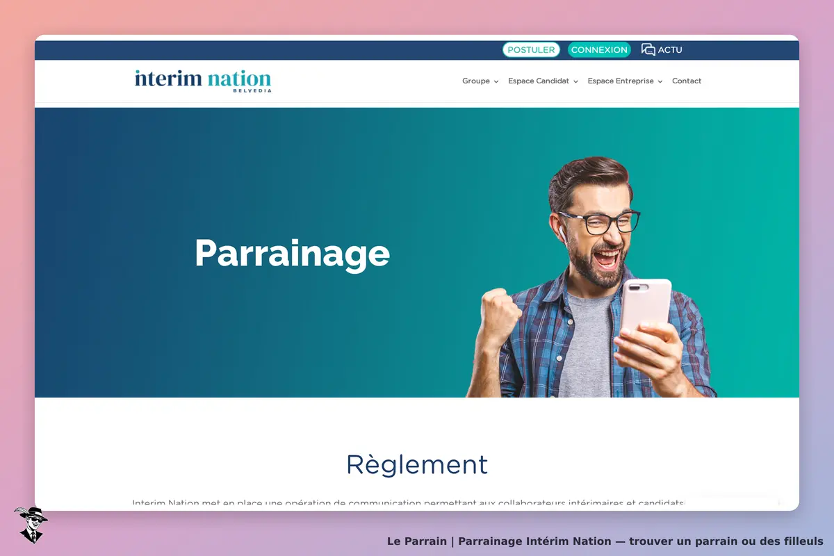 Intérim Nation : page d'accueil avec le titre "Parrainage" et un utilisateur heureux