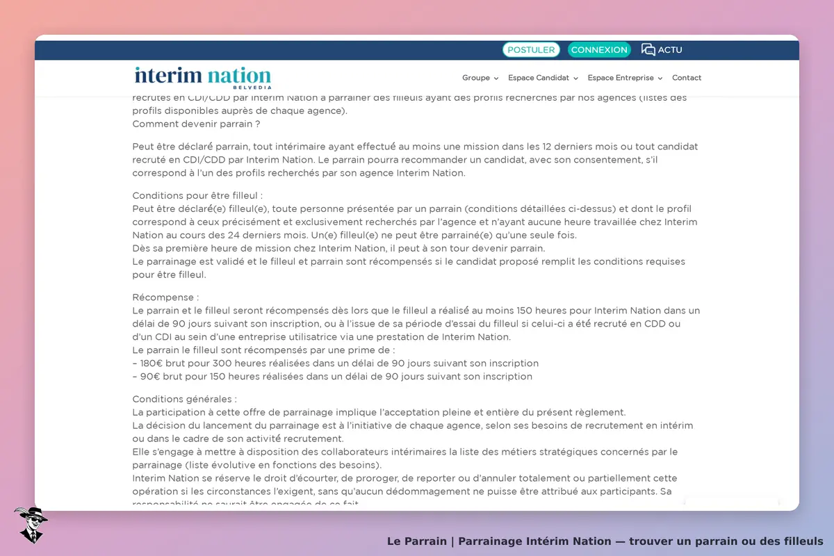 Intérim Nation : conditions et informations sur le parrainage et les fillules affichées