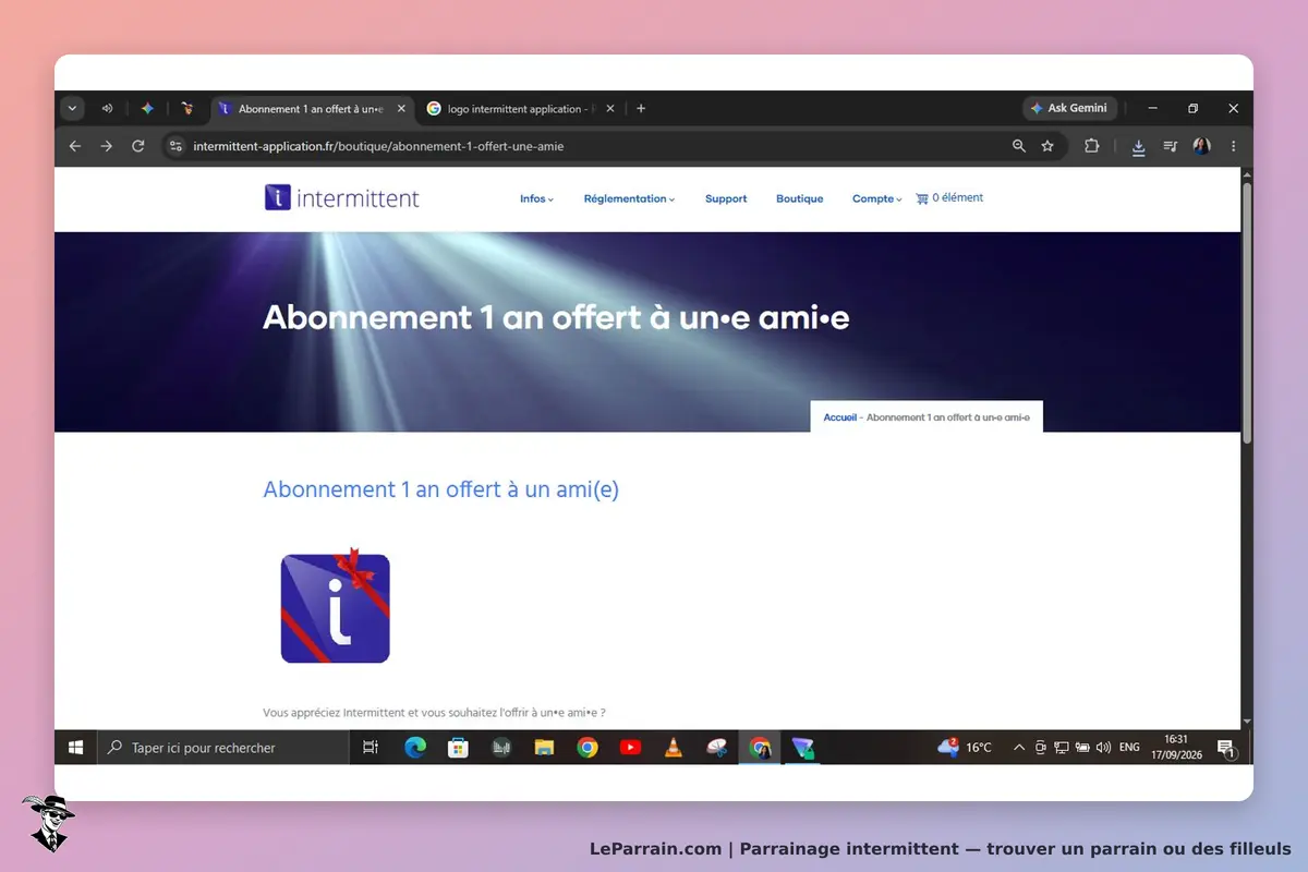 intermittent : page d'accueil avec l'offre d'abonnement d'un an pour un ami(e) et logo