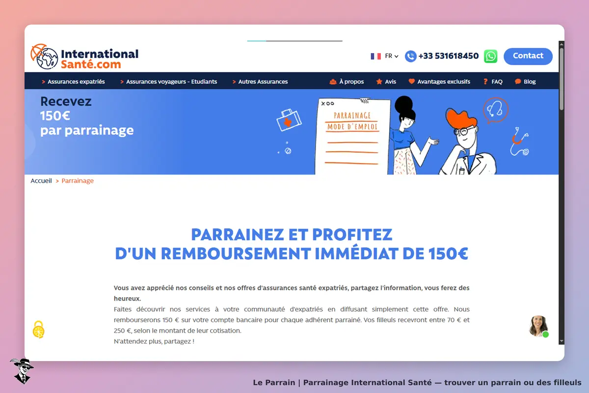 International Santé : page d'accueil avec informations sur le parrainage et illustrations colorées