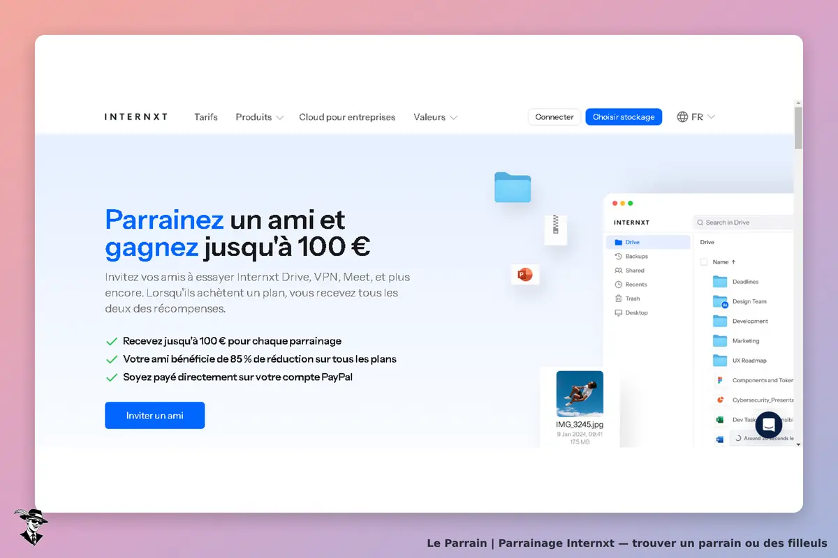Internxt : page d'accueil avec invitation au parrainage et aperçu de l'interface utilisateur