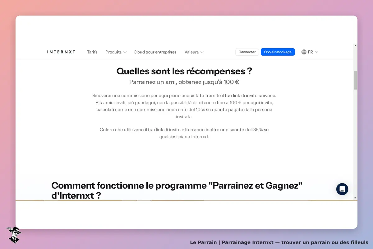 Internxt : page présentant le programme de parrainage et ses récompenses