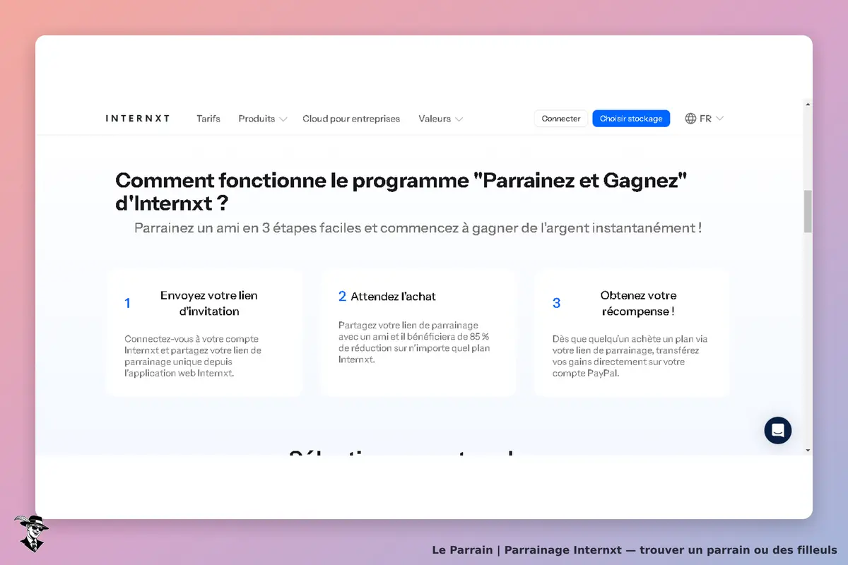 Internxt : explication du programme de parrainage en trois étapes sur la page d'accueil