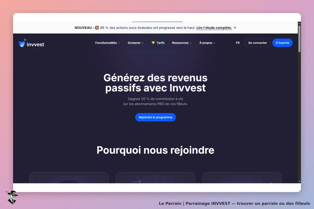 Invvest : page d'accueil avec un message sur les revenus passifs et un bouton pour rejoindre le