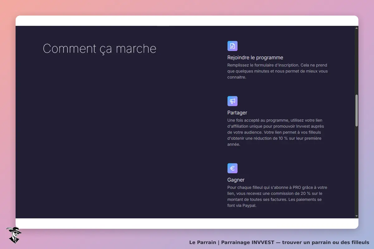 INVVEST : explications sur le fonctionnement du programme de parrainage. Sections visibles