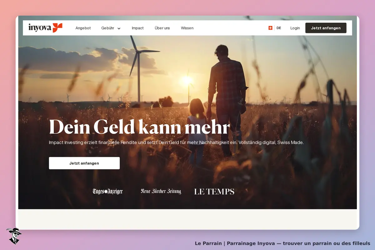 Inyova : page d'accueil avec un couple marchant dans un champ, éoliennes en arrière-plan