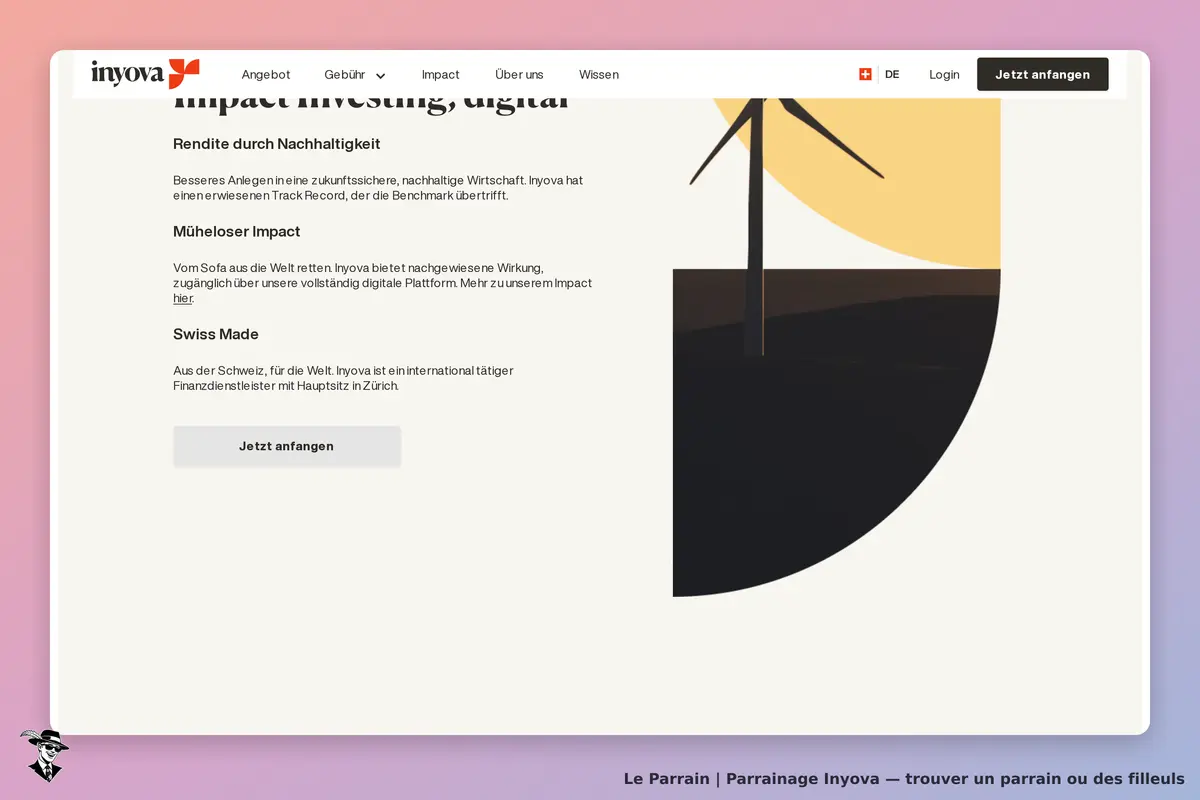 Inyova : page d'accueil présentant l'impact investing avec un visuel de moulin à vent