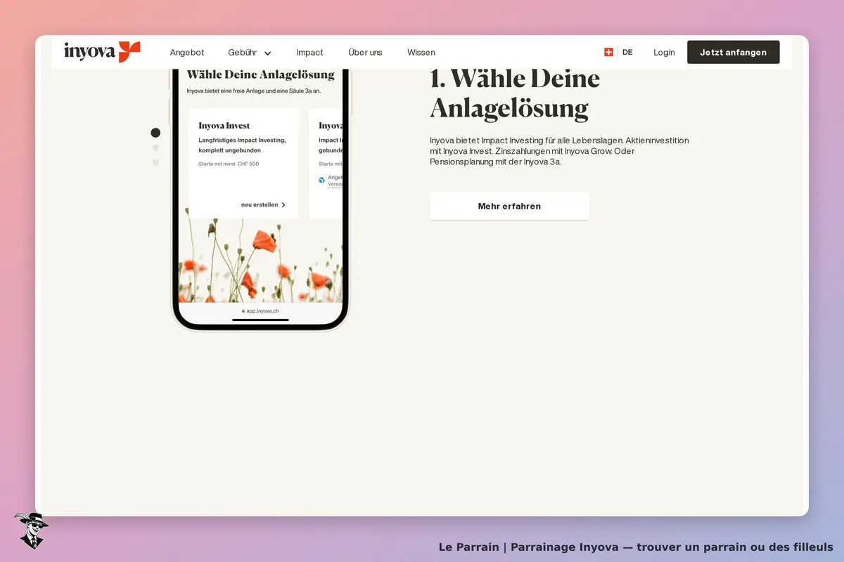Inyova : page d'accueil présentant des options d'investissement sur un smartphone