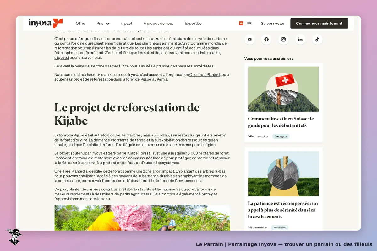 Inyova : projet de reforestation de Kijabe avec texte explicatif et images associées