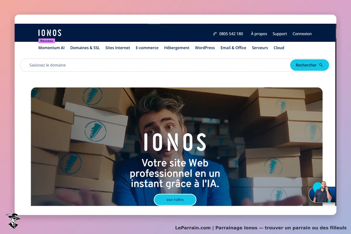 Ionos : page d'accueil avec un homme devant des cartons et un message sur un site web professionnel