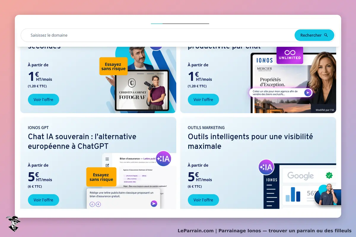Ionos : page d'accueil présentant des services et outils, avec un champ de recherche en haut