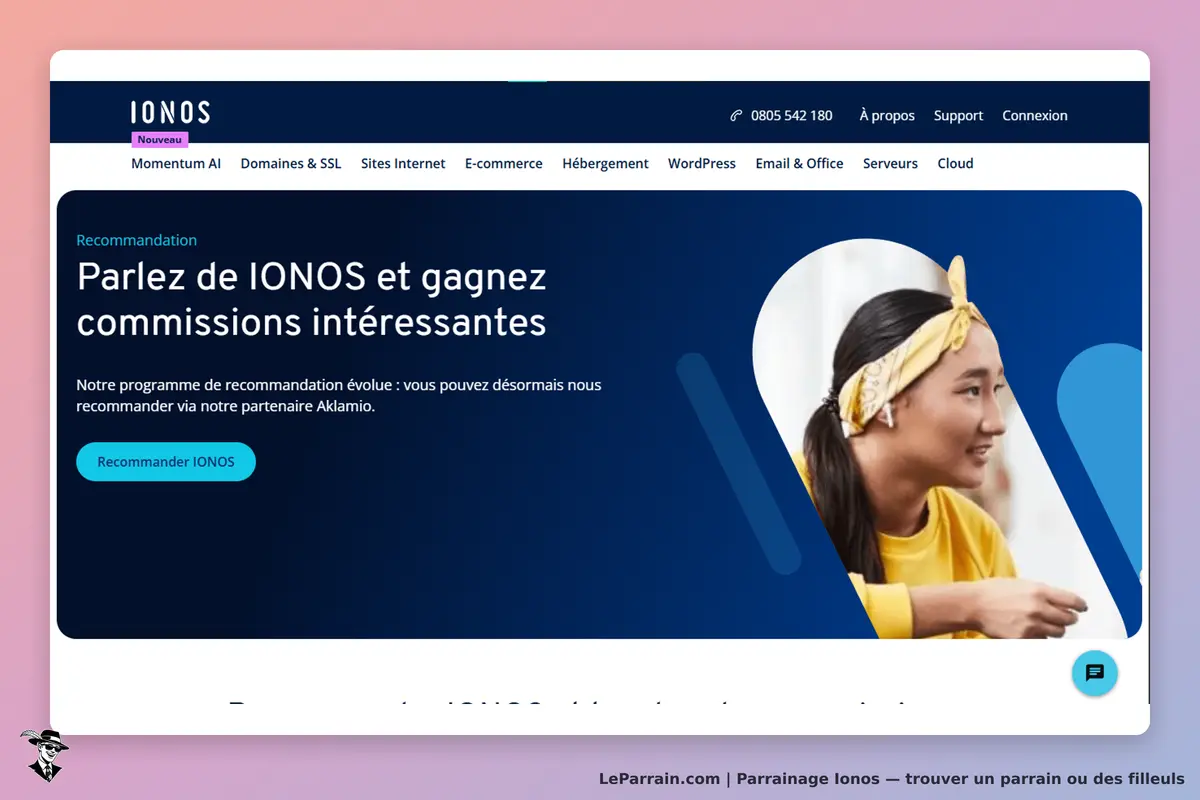 IONOS : page d'accueil présentant un programme de recommandation avec une personne souriante