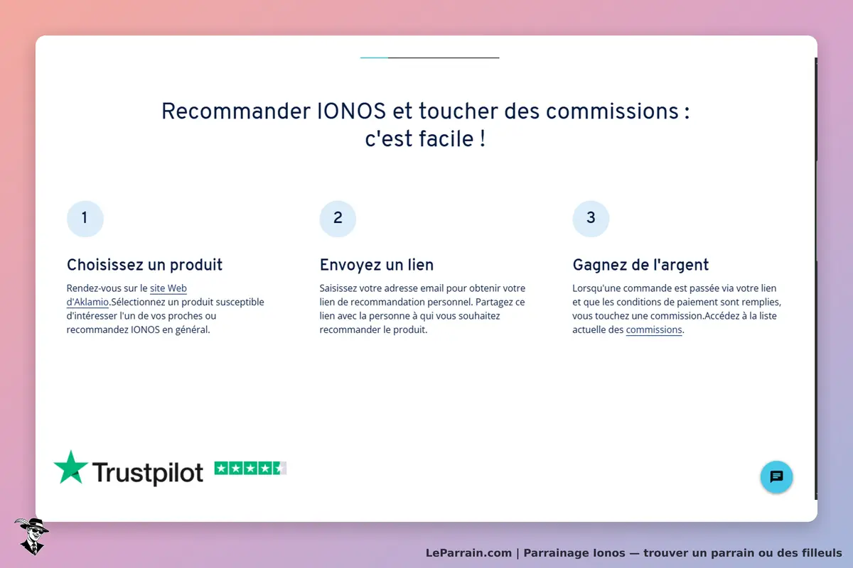 Ionos : étapes pour recommander des produits et gagner des commissions. Logo Trustpilot en bas