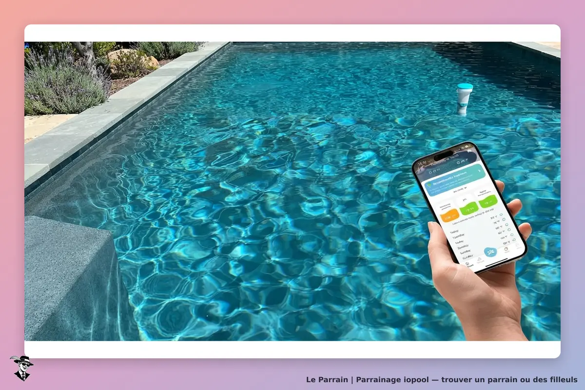 iopool : une main tenant un smartphone au-dessus d'une piscine avec des reflets d'eau