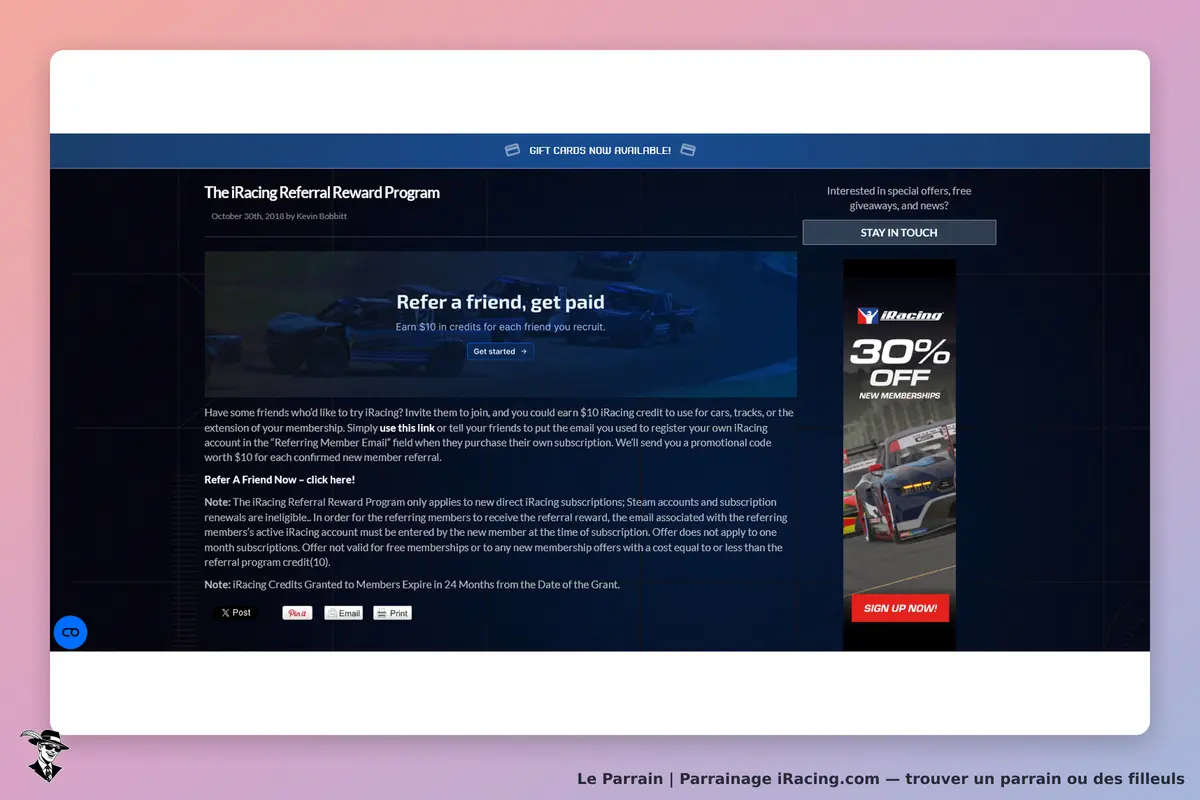 iRacing.com : iRacing : programme de parrainage avec texte et image de voitures de course