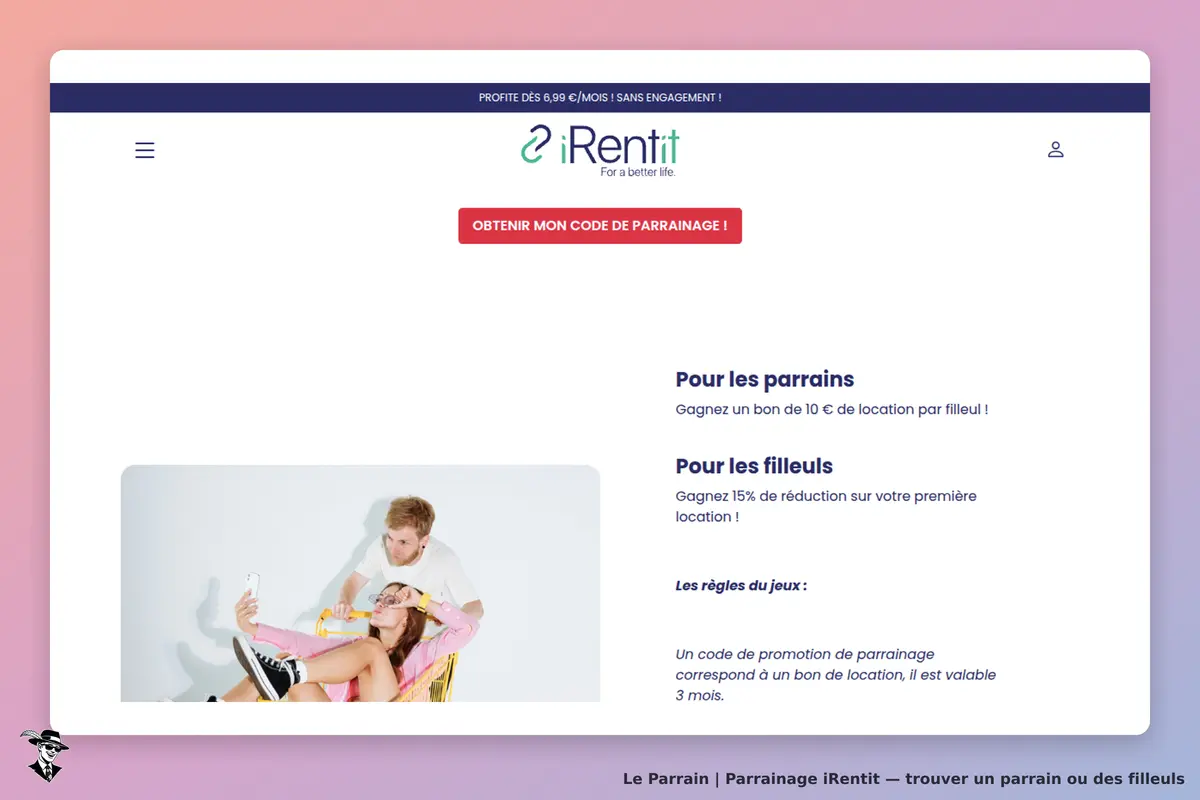 iRentit : page d'accueil avec des informations sur le parrainage et une image de jeunes