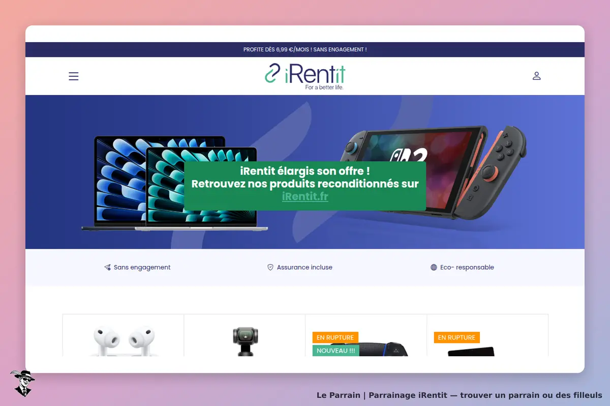 iRentit : page d'accueil présentant des ordinateurs et consoles, avec un message promotionnel