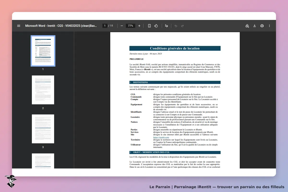iRentit : conditions générales de location affichées sur un document PDF avec plusieurs pages