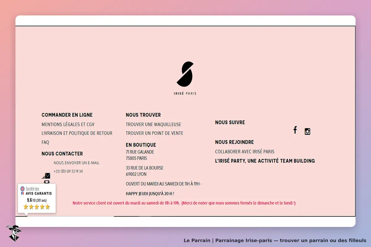 Irise-paris : irisé Paris : menu d'accueil avec sections pour commander, contacter et localiser des