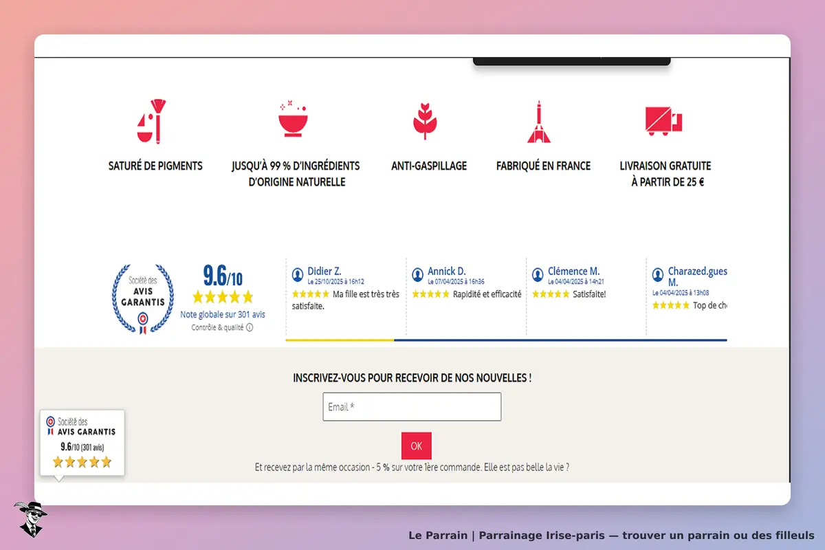 Irise-paris : page d'accueil avec avis clients et formulaire d'inscription à la newsletter