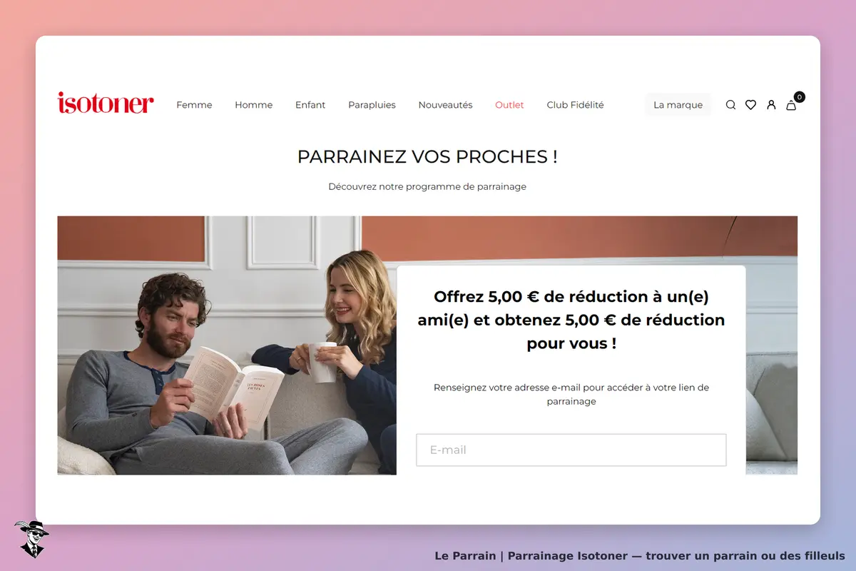 Isotoner : page d'accueil avec un programme de parrainage et deux personnes sur un canapé