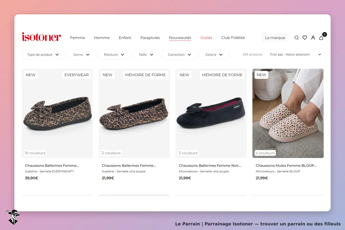 Isotoner : affichage de chaussons et ballerines pour femmes sur la page d'accueil