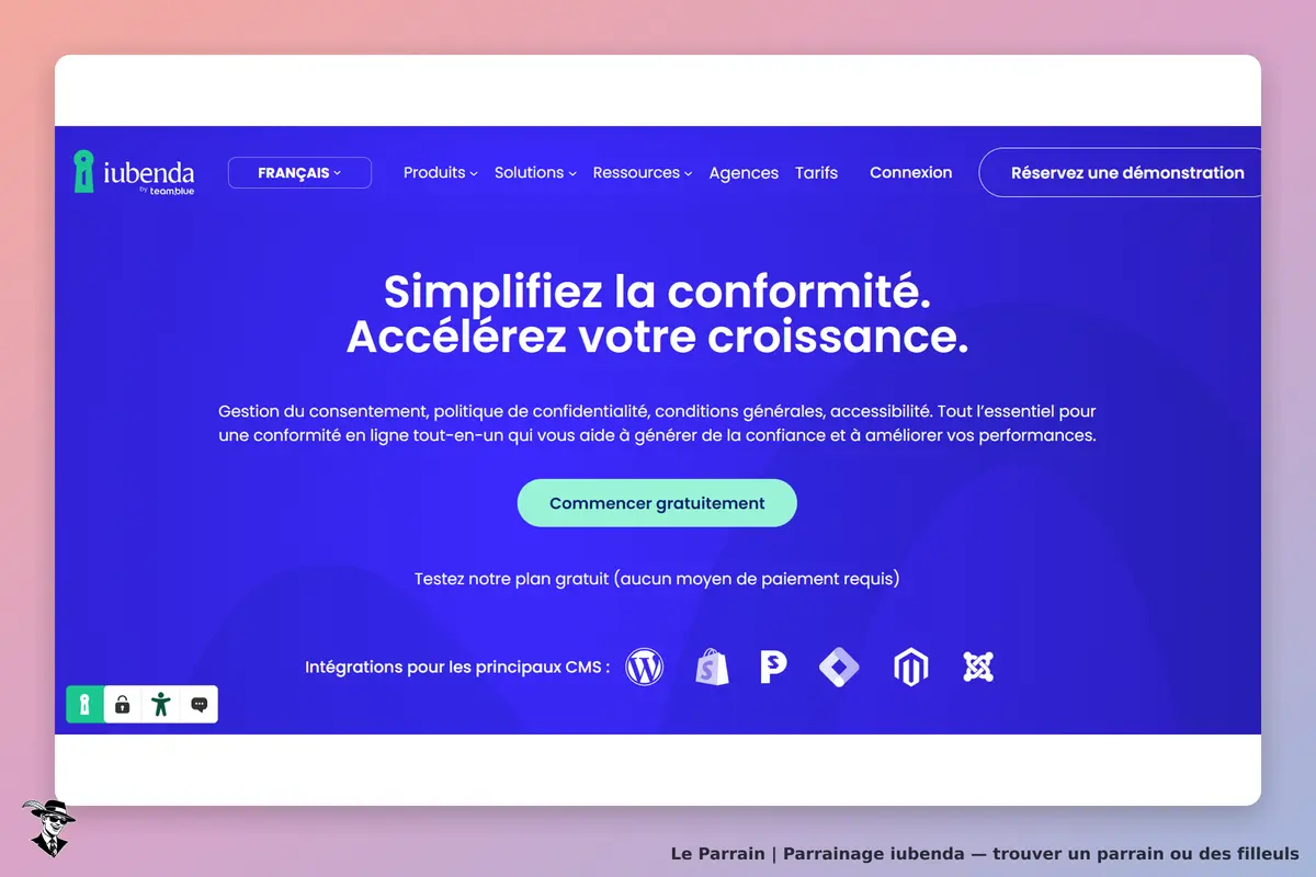 iubenda : page d'accueil présentant des solutions de conformité et un bouton pour commencer