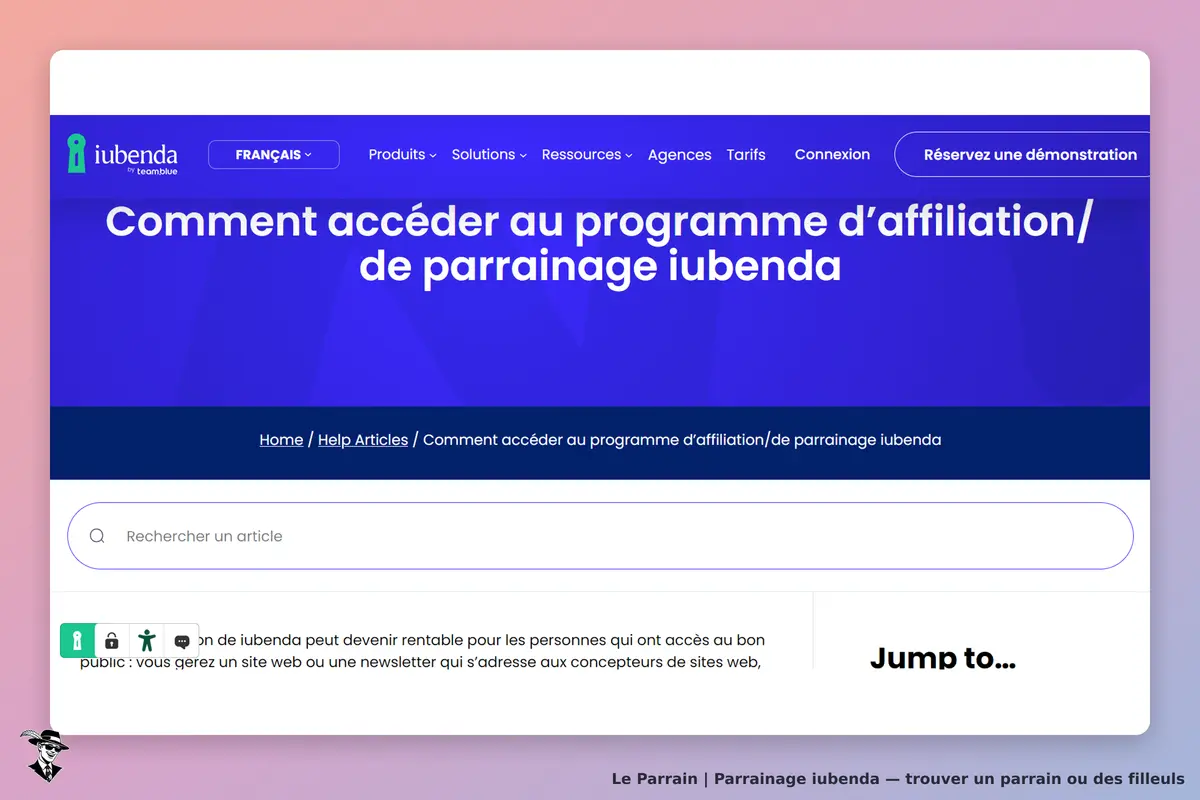 iubenda : page d'accueil avec un article sur le programme de parrainage et une barre de recherche