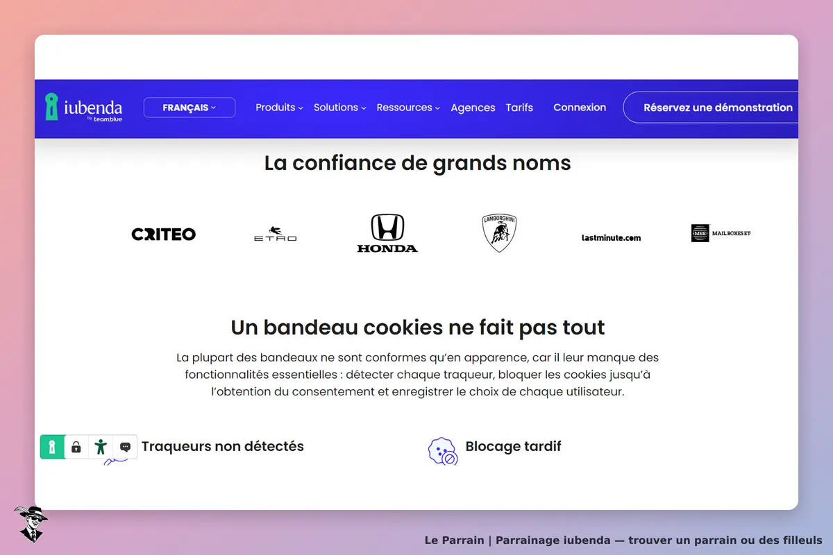 iubenda : logo de partenaires et message sur la conformité des bandeaux cookies