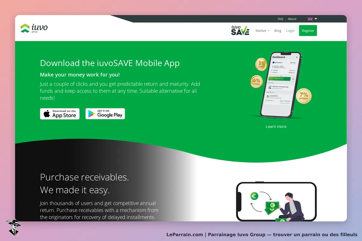 Iuvo Group : page d'accueil présentant l'application mobile iuvoSAVE et ses fonctionnalités