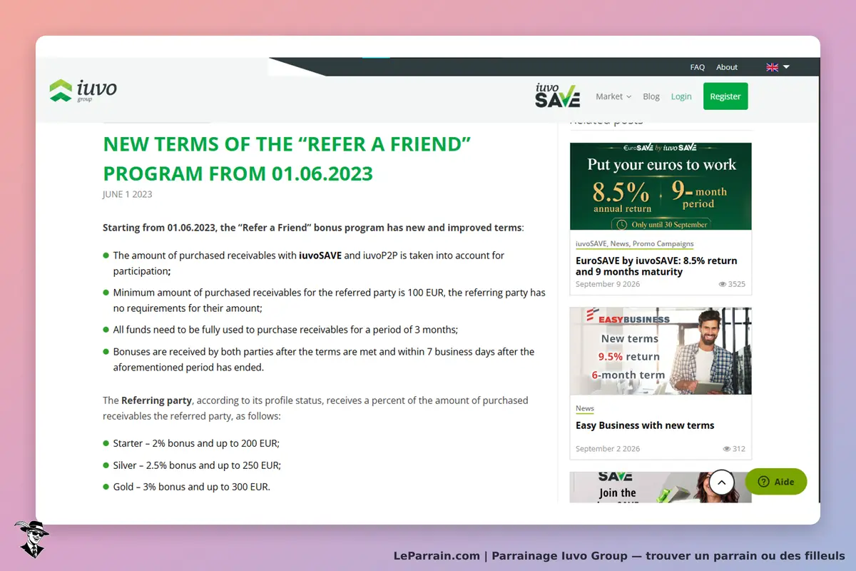 Iuvo Group : capture d'écran des nouveaux termes du programme "Refer a Friend" avec détails