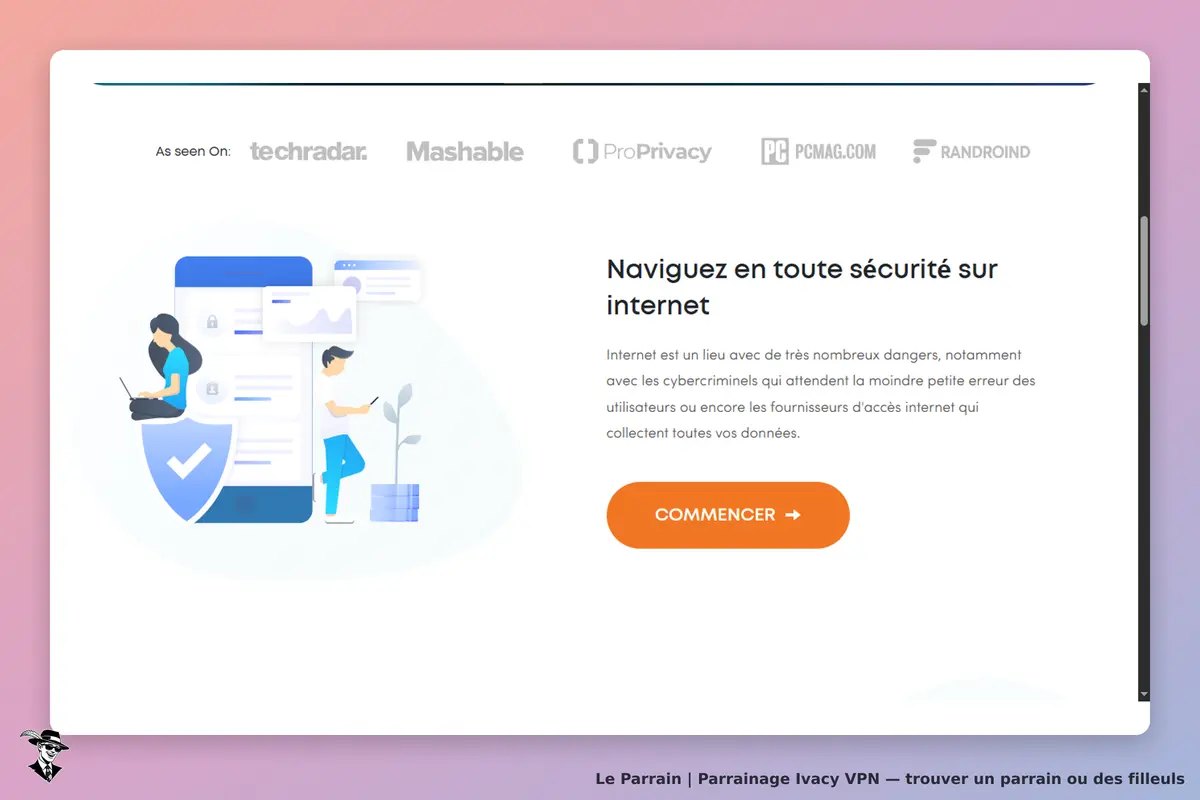 Ivacy VPN : page d'accueil avec illustration de sécurité en ligne et bouton "Commencer"