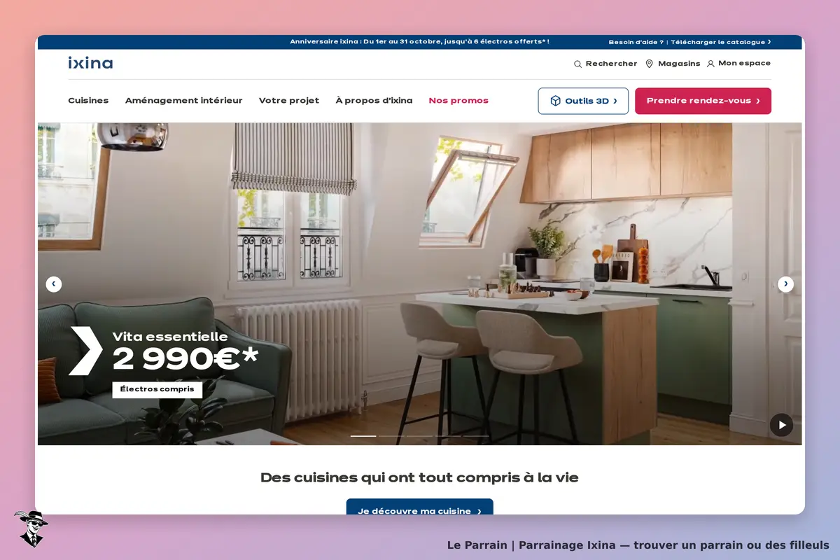 Ixina : page d'accueil avec une cuisine moderne et un salon cosy. Mobilier et fenêtres visibles