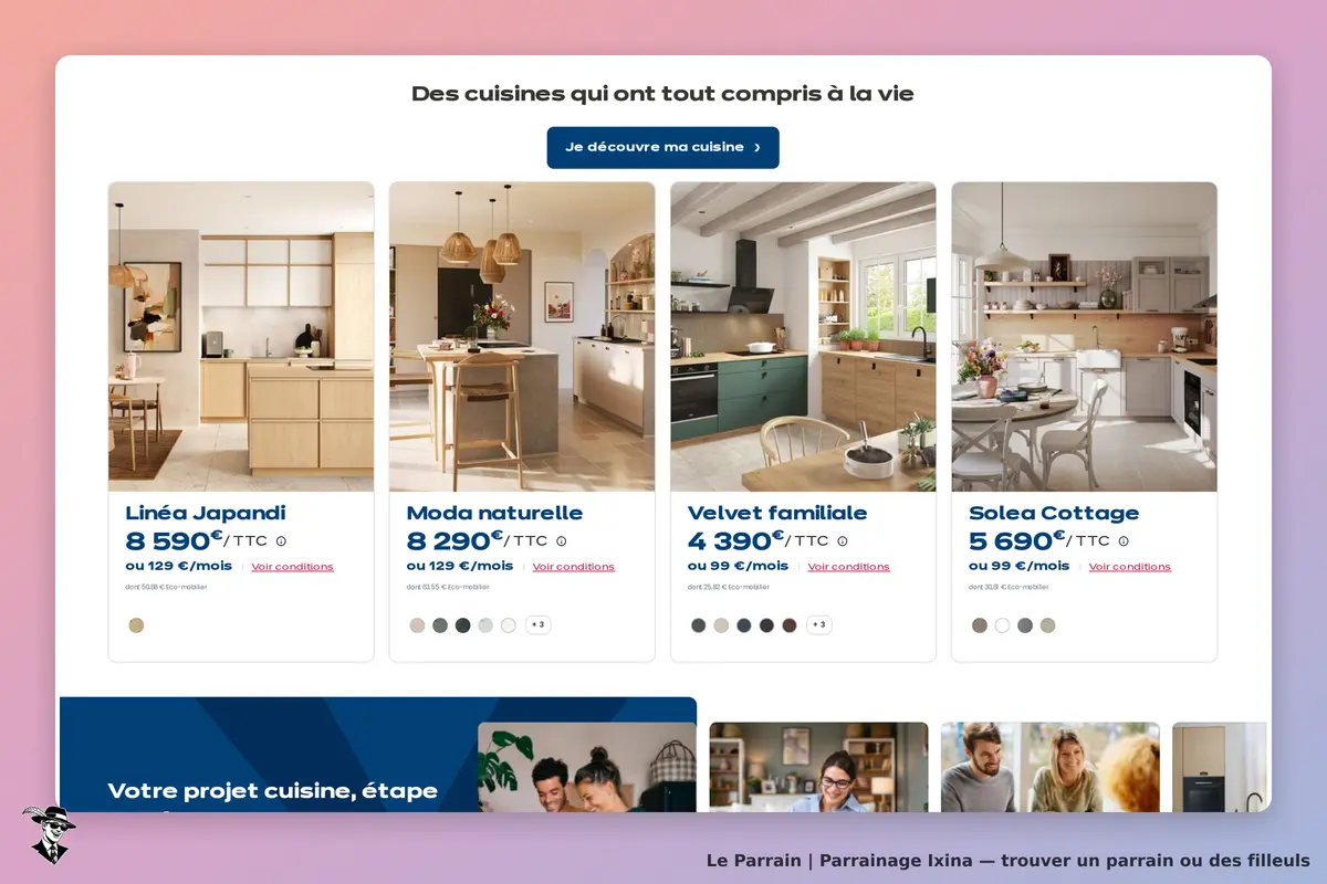 Ixina : page d'accueil présentant plusieurs modèles de cuisines avec images et descriptions