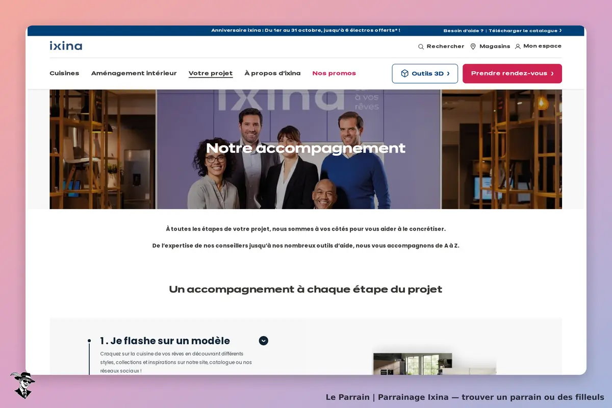 Ixina : page d'accueil avec une équipe souriante et des options de projet pour la cuisine