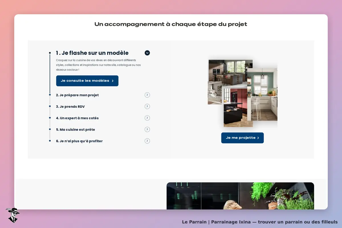 Ixina : étapes d'accompagnement pour un projet de cuisine avec images de modèles et boutons