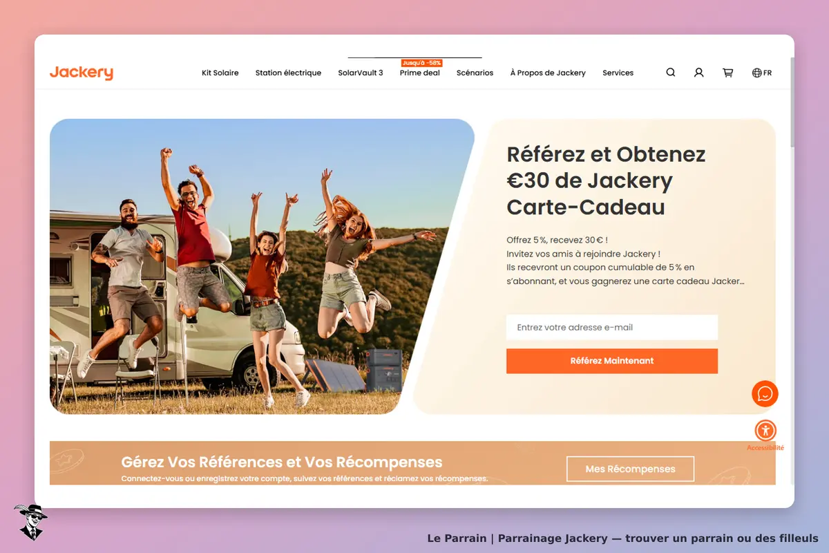 Jackery : page d'accueil avec des personnes sautant et un formulaire de parrainage visible