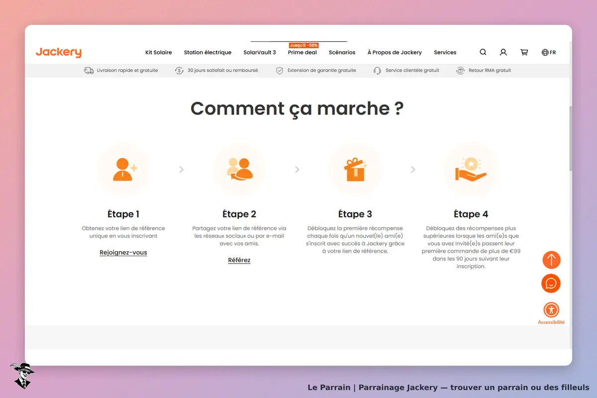 Jackery : étapes du programme de parrainage avec icônes et instructions sur fond clair