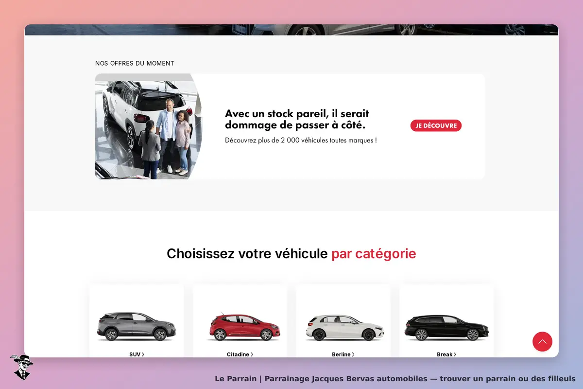 Jacques Bervas automobiles : page d'accueil avec véhicules et catégories à choisir