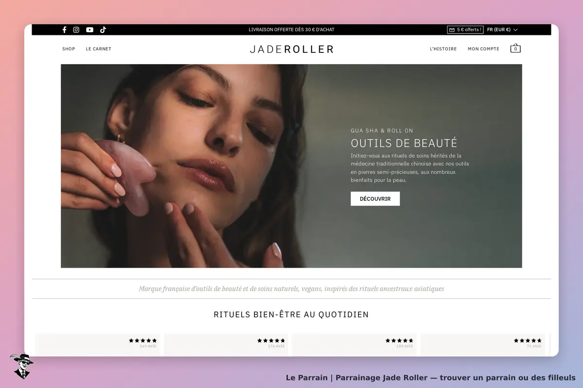 Jade Roller : femme utilisant un outil de beauté sur son visage, avec texte et navigation en haut