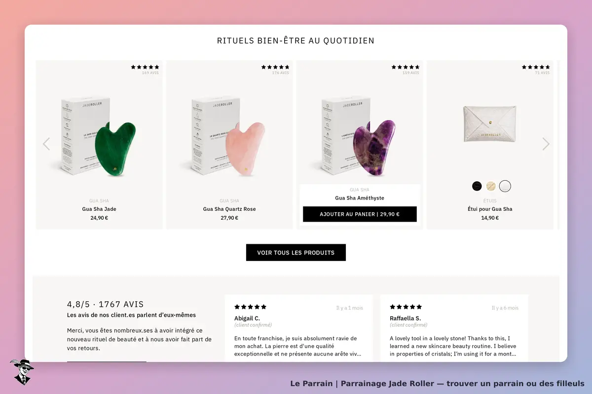 Jade Roller : page d'accueil présentant des gua sha et un étui avec évaluations clients
