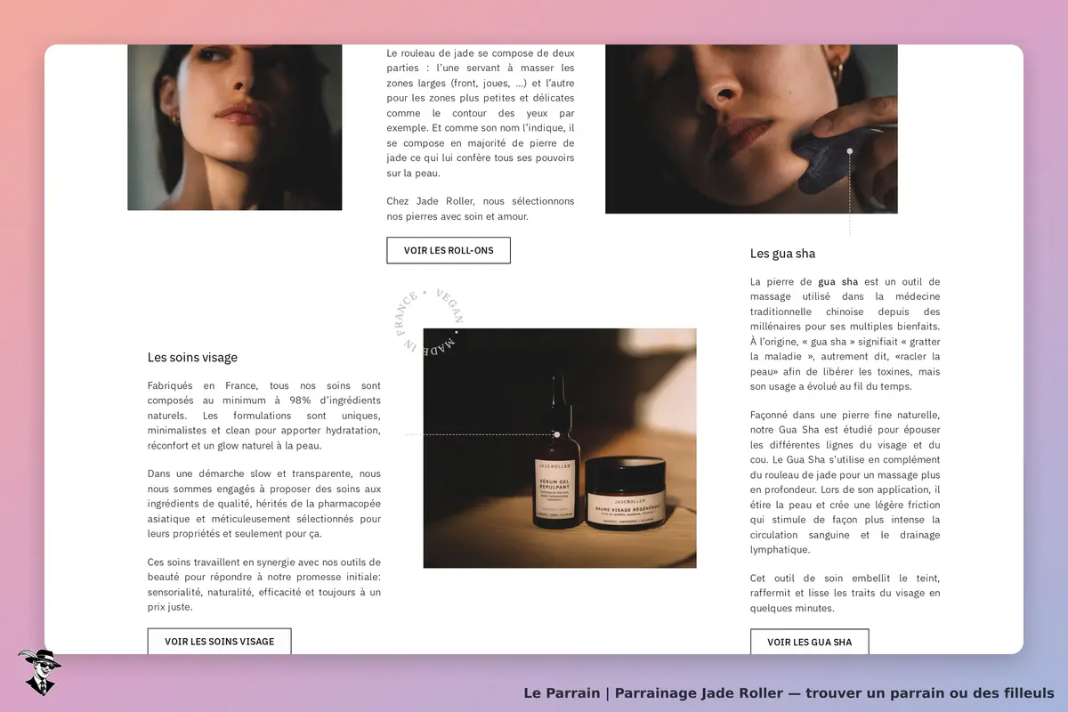 Jade Roller : page d'accueil présentant des soins visage et des outils de beauté en jade