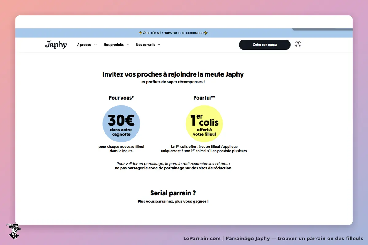Japhy : invitation à parrainer avec des récompenses pour le parrain et le filleul